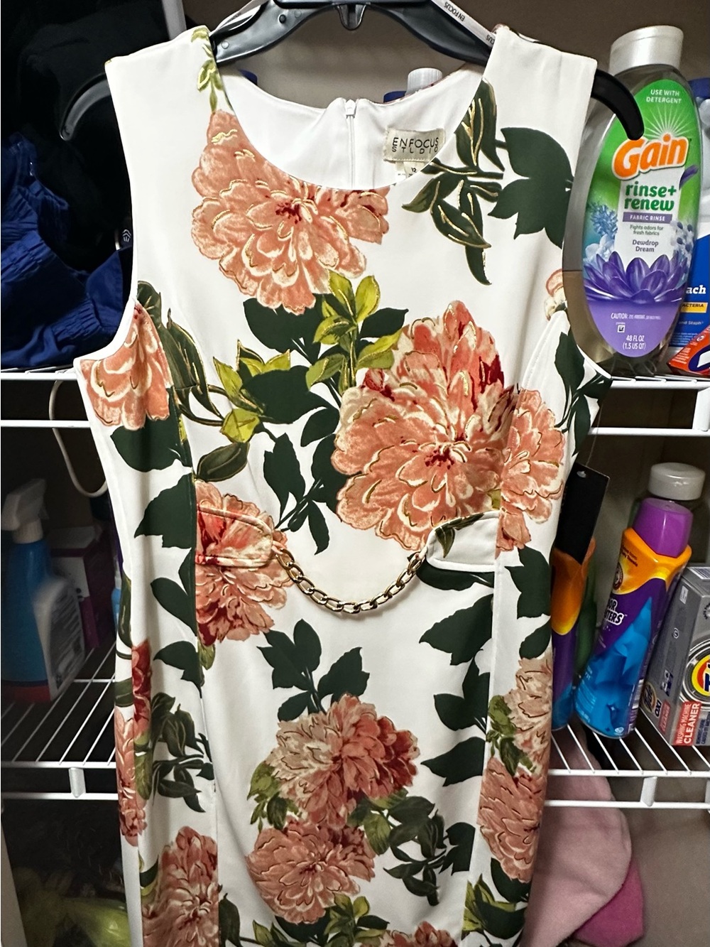 Enfocus Studio Girls White Floral Dress with Gold Chain Accent